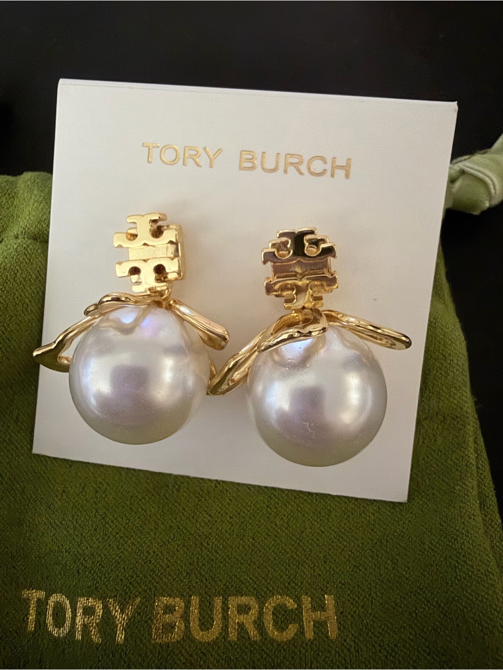 Tory Burch Gold Logo Pearl Drop Earrings